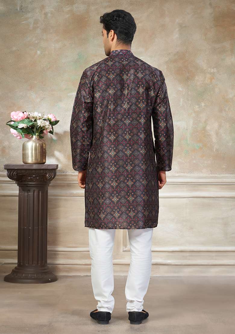 Black Motif Silk Blend Kurta Pajama Set - Indya