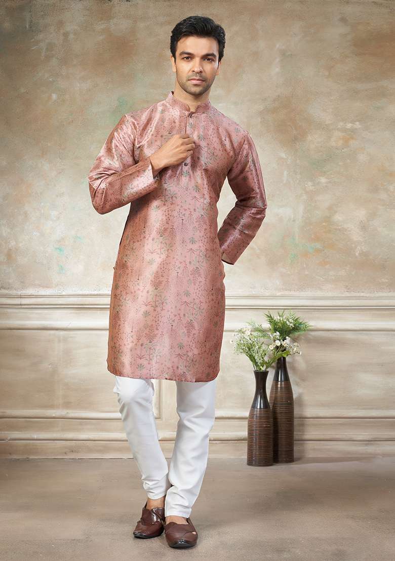 Pink Motif Silk Blend Kurta Pajama Set - Indya