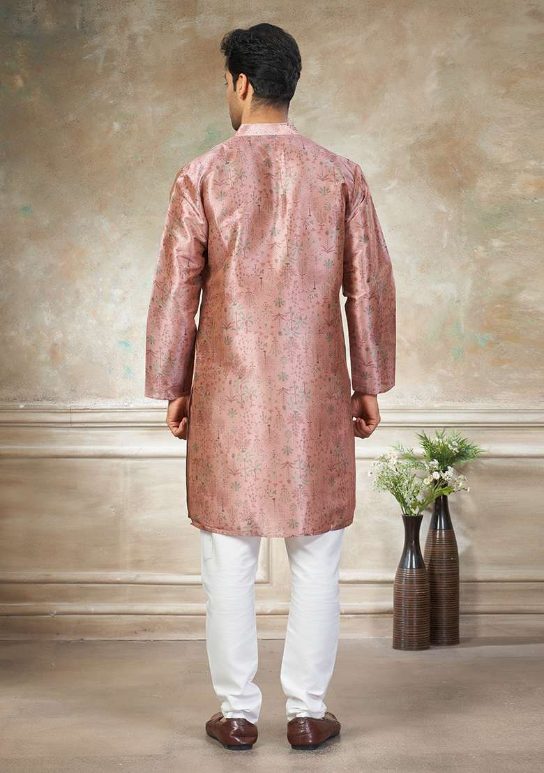 Pink Motif Silk Blend Kurta Pajama Set - Indya
