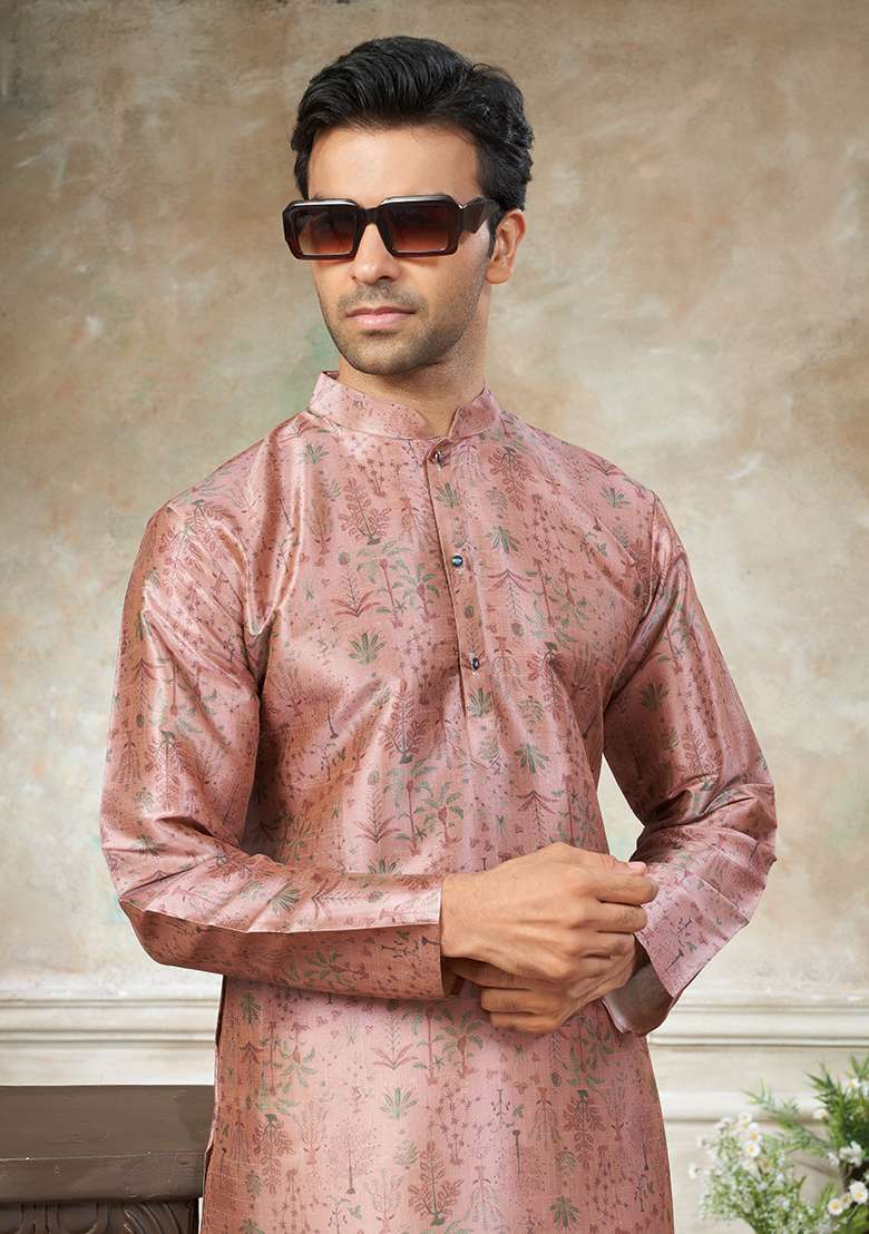Pink Motif Silk Blend Kurta Pajama Set - Indya