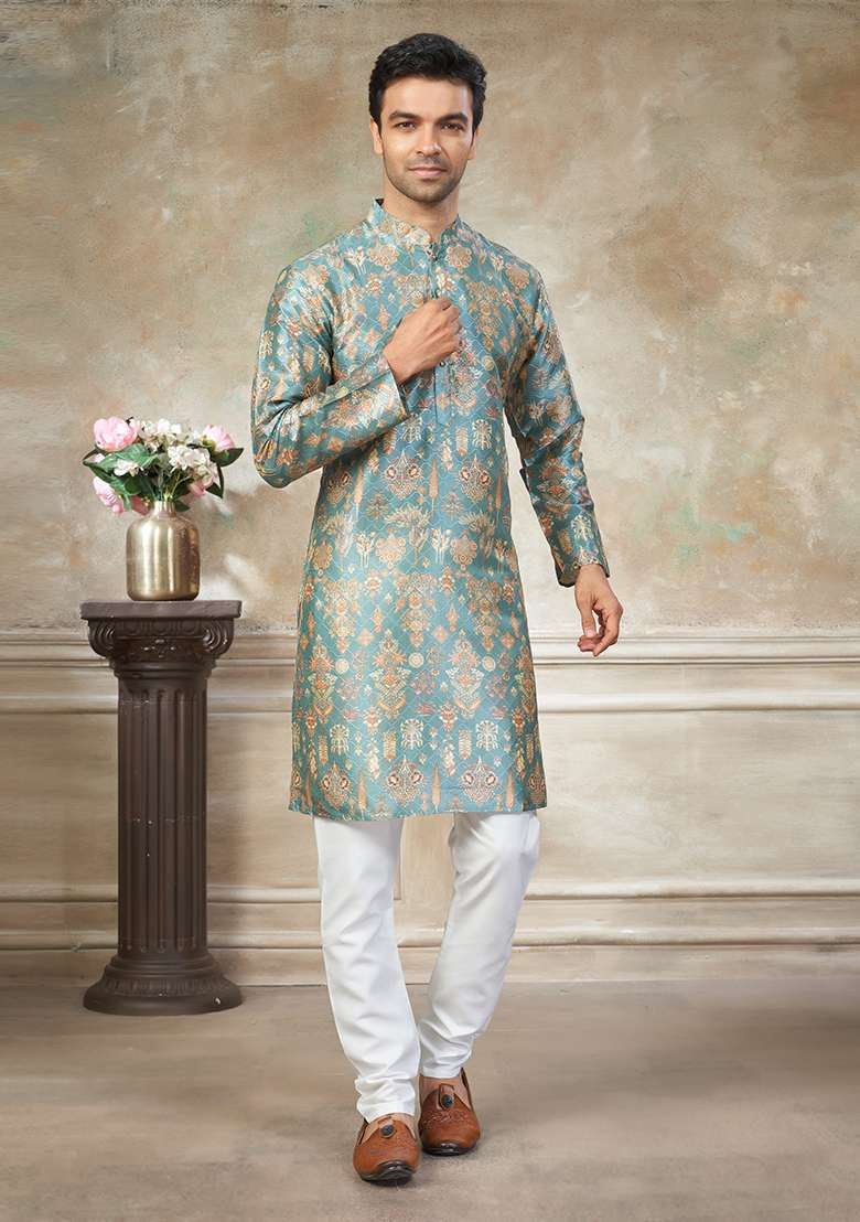 Sky Blue Motif Silk Blend Kurta Pajama Set - Indya