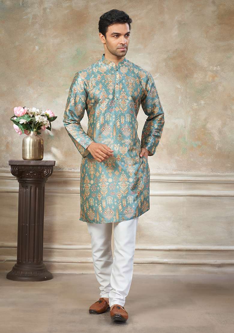 Sky Blue Motif Silk Blend Kurta Pajama Set - Indya