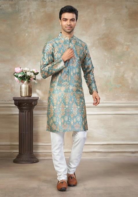 Sky Blue Motif Silk Kurta Pajama Set