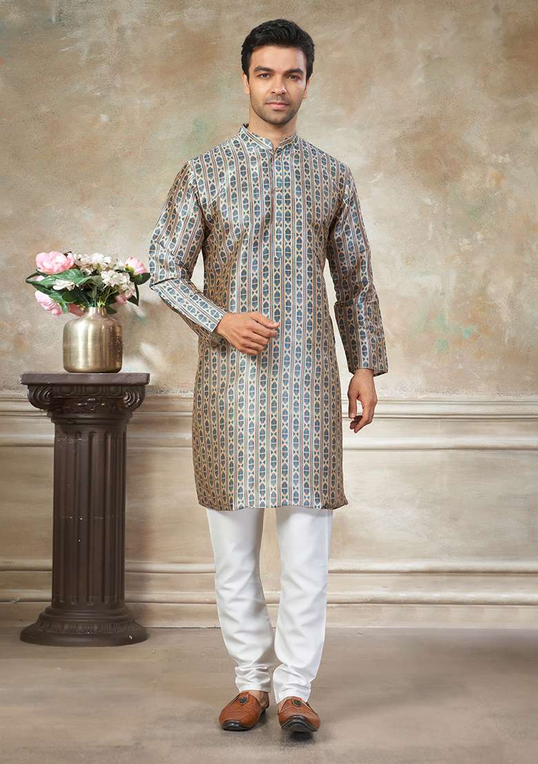 Teal Blue Motif Silk Blend Kurta Pajama Set - Indya