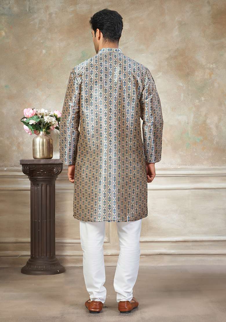 Teal Blue Motif Silk Blend Kurta Pajama Set - Indya
