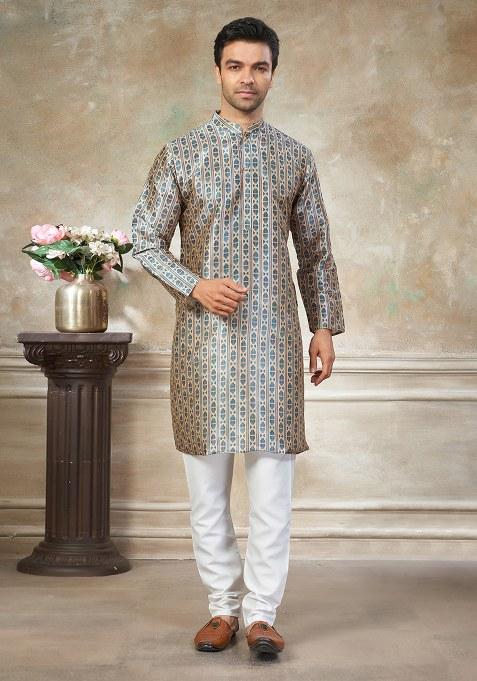 Teal Blue Motif Silk Kurta Pajama Set