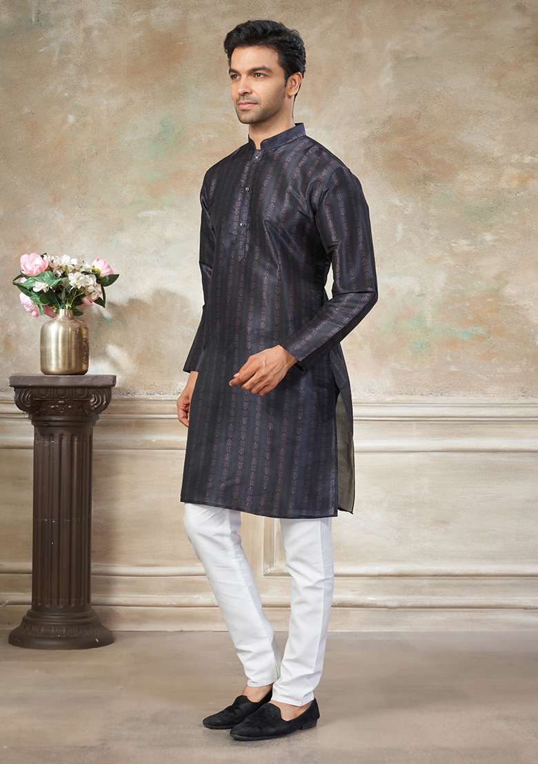Black Motif Silk Blend Kurta Pajama Set - Indya
