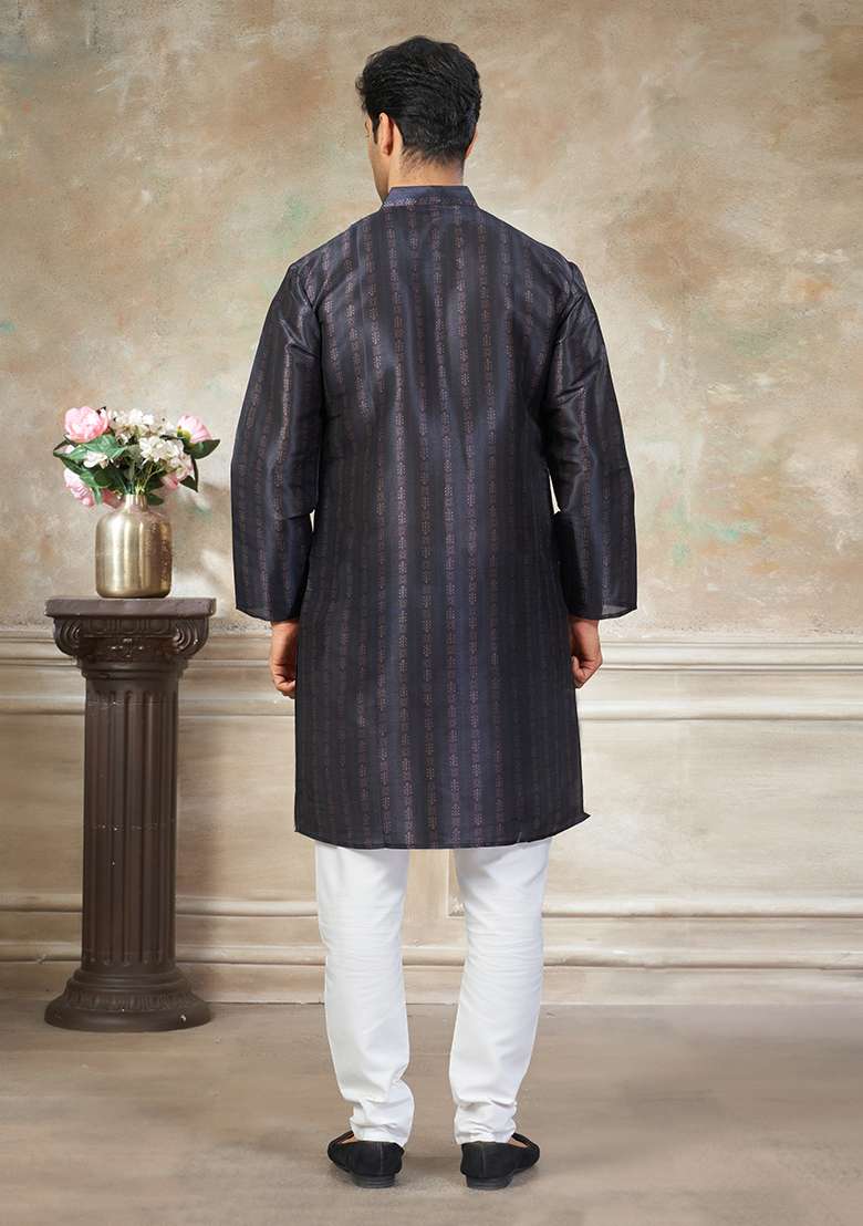 Black Motif Silk Blend Kurta Pajama Set - Indya
