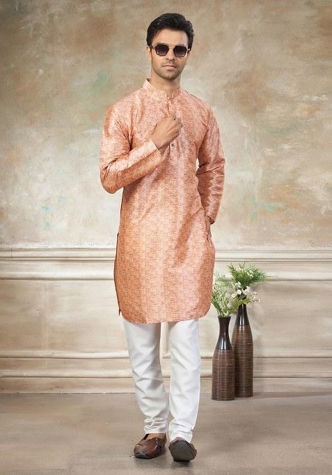 Peach Motif Silk Kurta Pajama Set