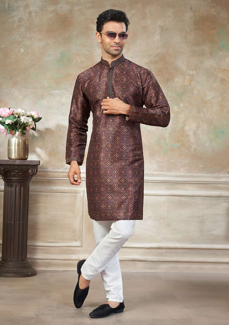 Maroon Motif Silk Blend Kurta Pajama Set - Indya