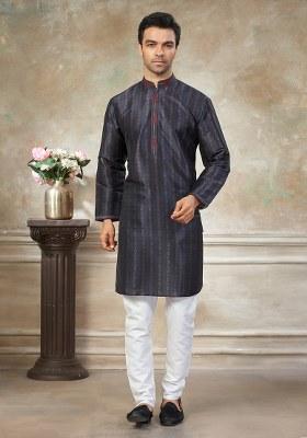 Navy Blue Motif Silk Blend Kurta Pajama Set