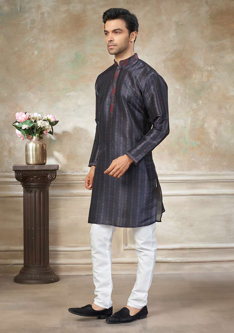 Navy Blue Motif Silk Blend Kurta Pajama Set - Indya