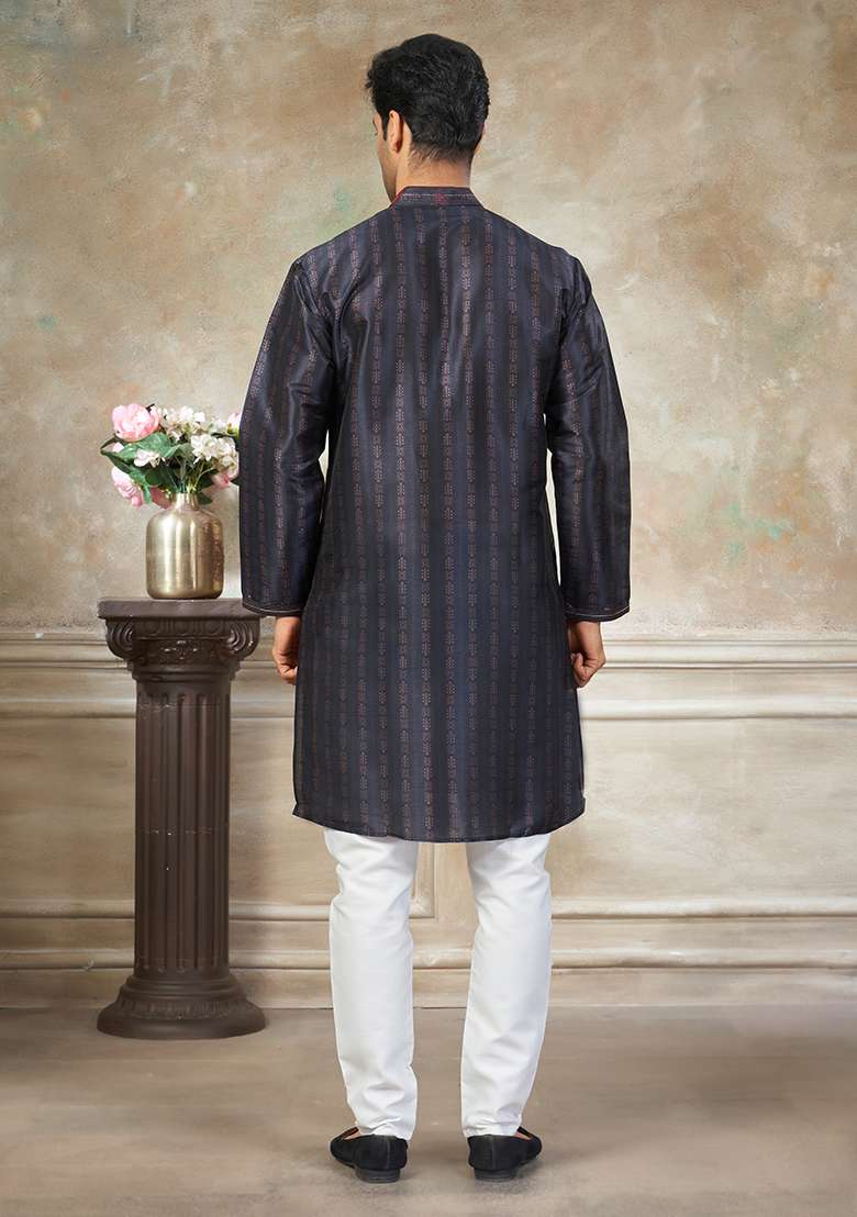 Navy Blue Motif Silk Blend Kurta Pajama Set - Indya