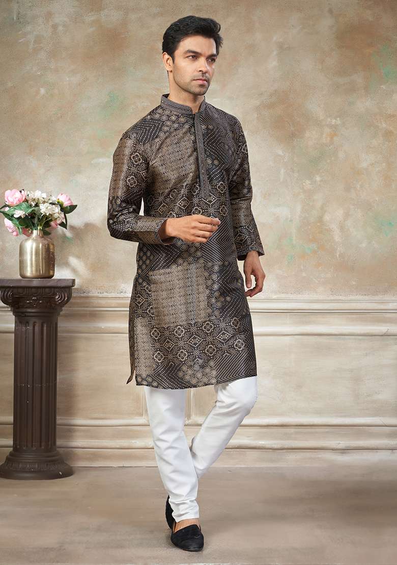 Black Motif Silk Blend Kurta Pajama Set - Indya