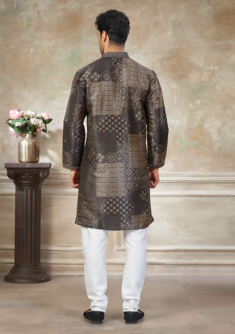 Black Motif Silk Blend Kurta Pajama Set - Indya