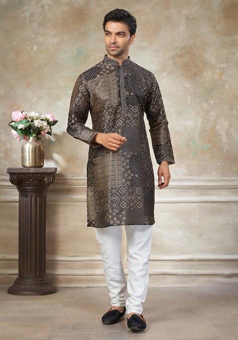Black Motif Silk Kurta Pajama Set