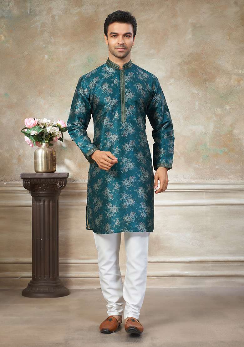Teal Blue Motif Silk Blend Kurta Pajama Set - Indya