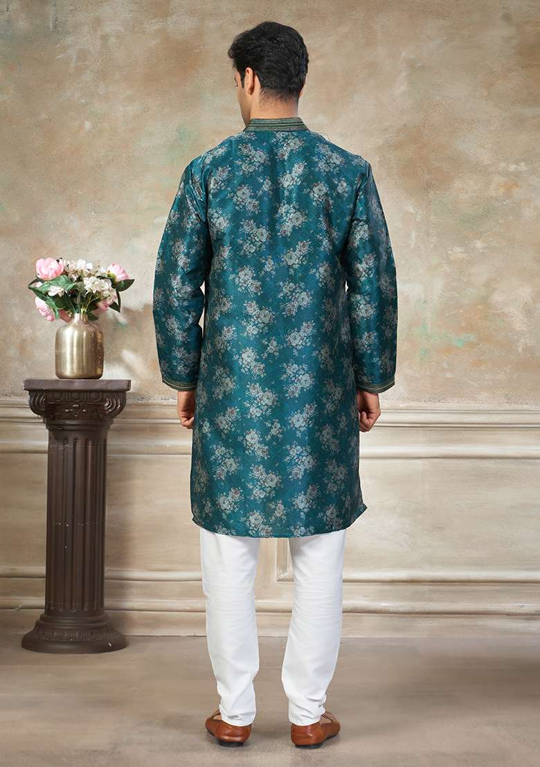 Teal Blue Motif Silk Blend Kurta Pajama Set - Indya