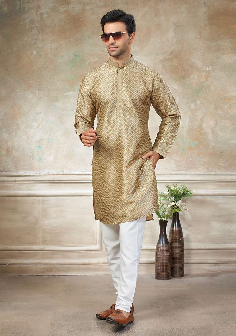 Green Motif Silk Blend Kurta Pajama Set - Indya
