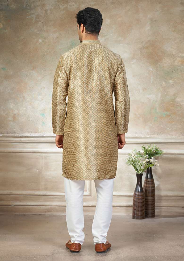 Green Motif Silk Blend Kurta Pajama Set - Indya