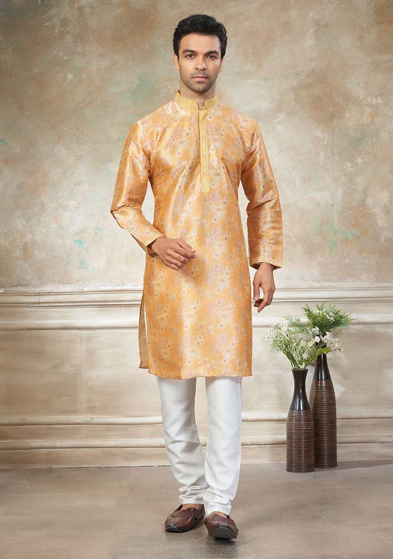 Yellow Motif Silk Blend Kurta Pajama Set - Indya