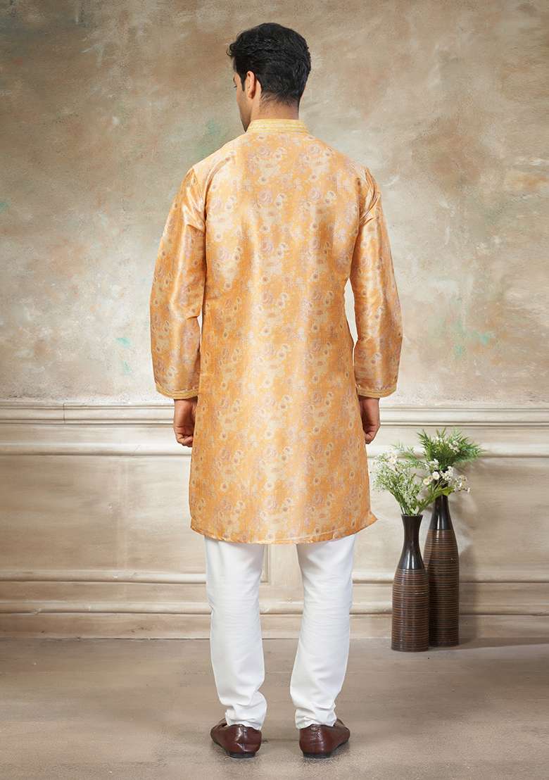 Yellow Motif Silk Blend Kurta Pajama Set - Indya