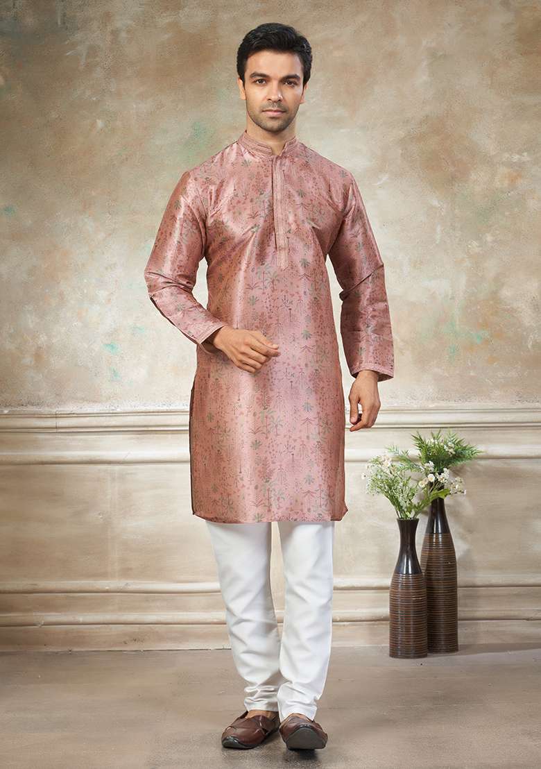 Pink Motif Silk Blend Kurta Pajama Set - Indya