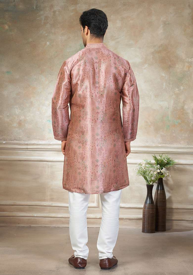 Pink Motif Silk Blend Kurta Pajama Set - Indya