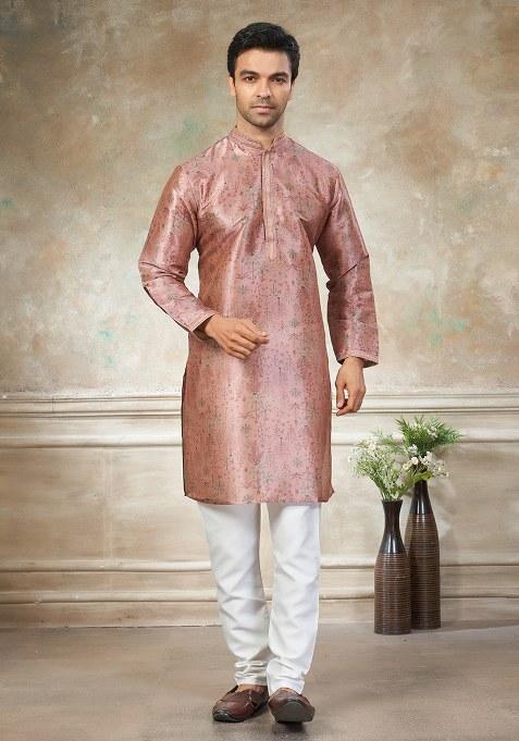 Pink Motif Silk Kurta Pajama Set