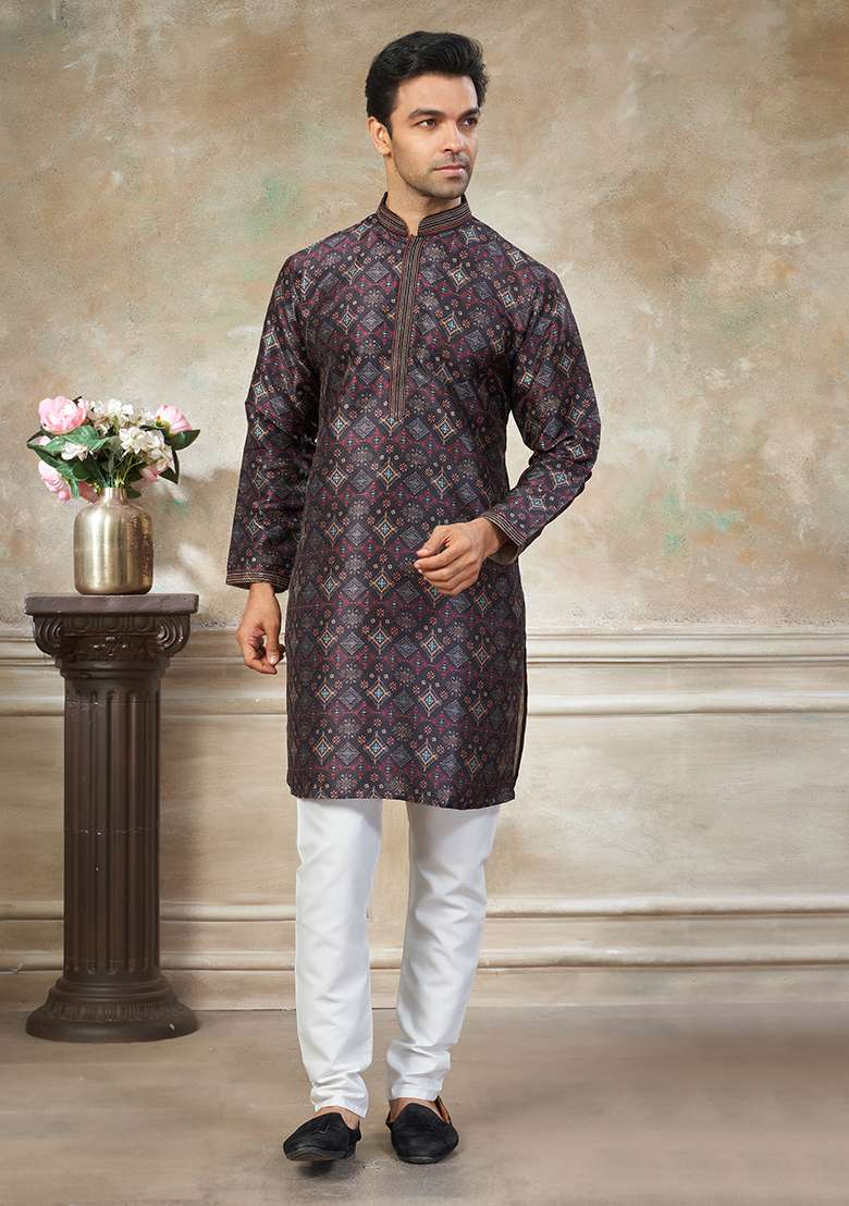 Black Motif Silk Blend Kurta Pajama Set - Indya