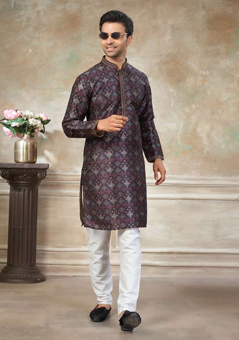 Black Motif Silk Blend Kurta Pajama Set - Indya