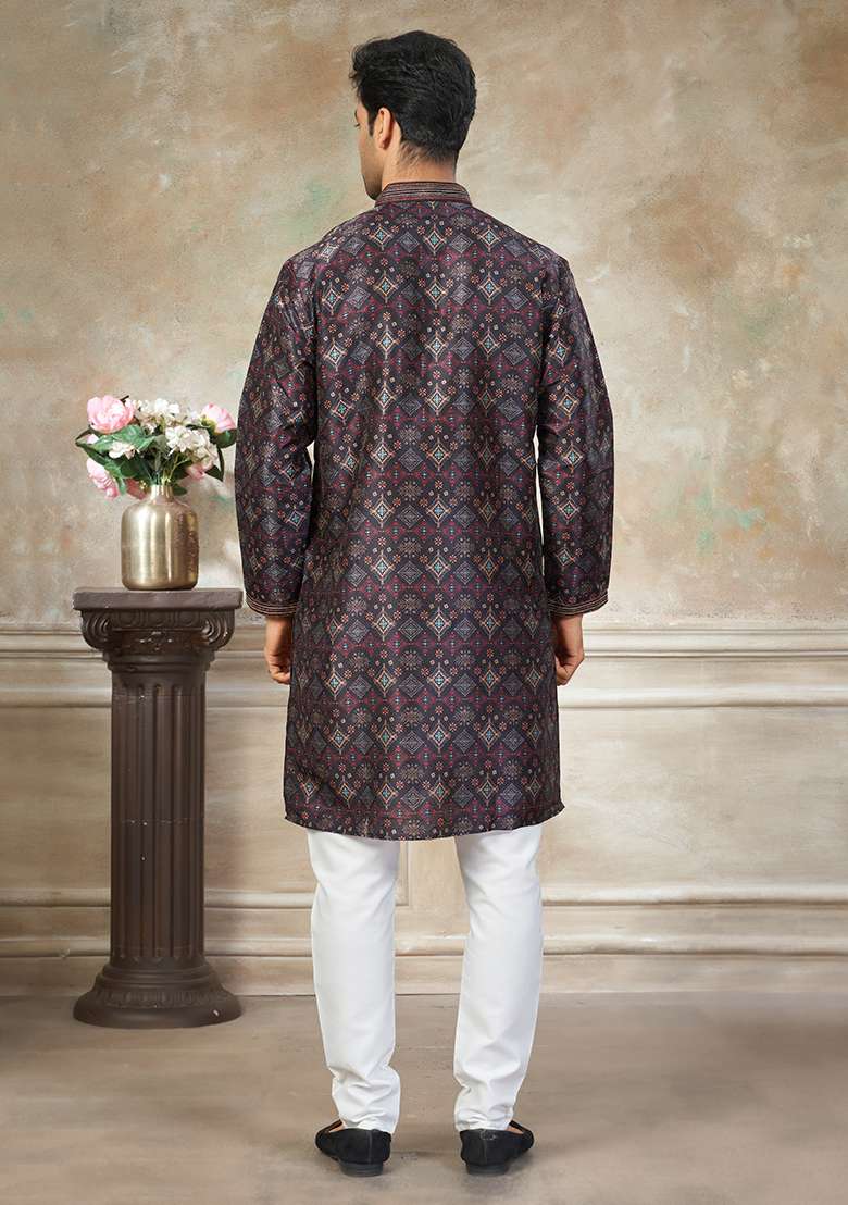 Black Motif Silk Blend Kurta Pajama Set - Indya