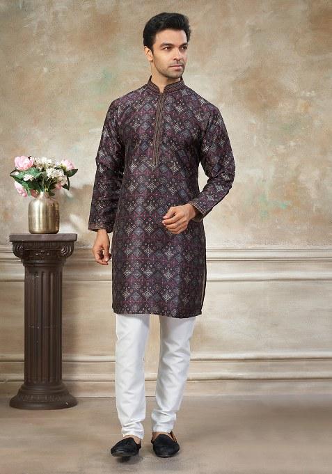 Black Motif Silk Kurta Pajama Set