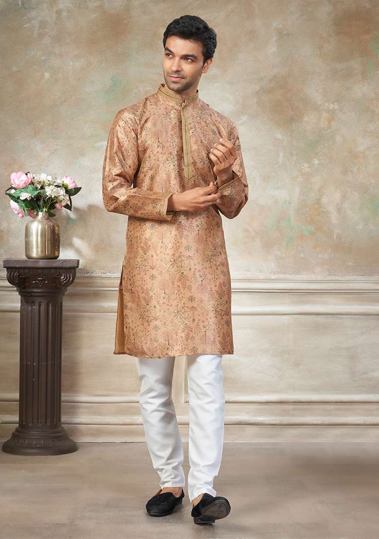 Peach Motif Silk Blend Kurta Pajama Set - Indya