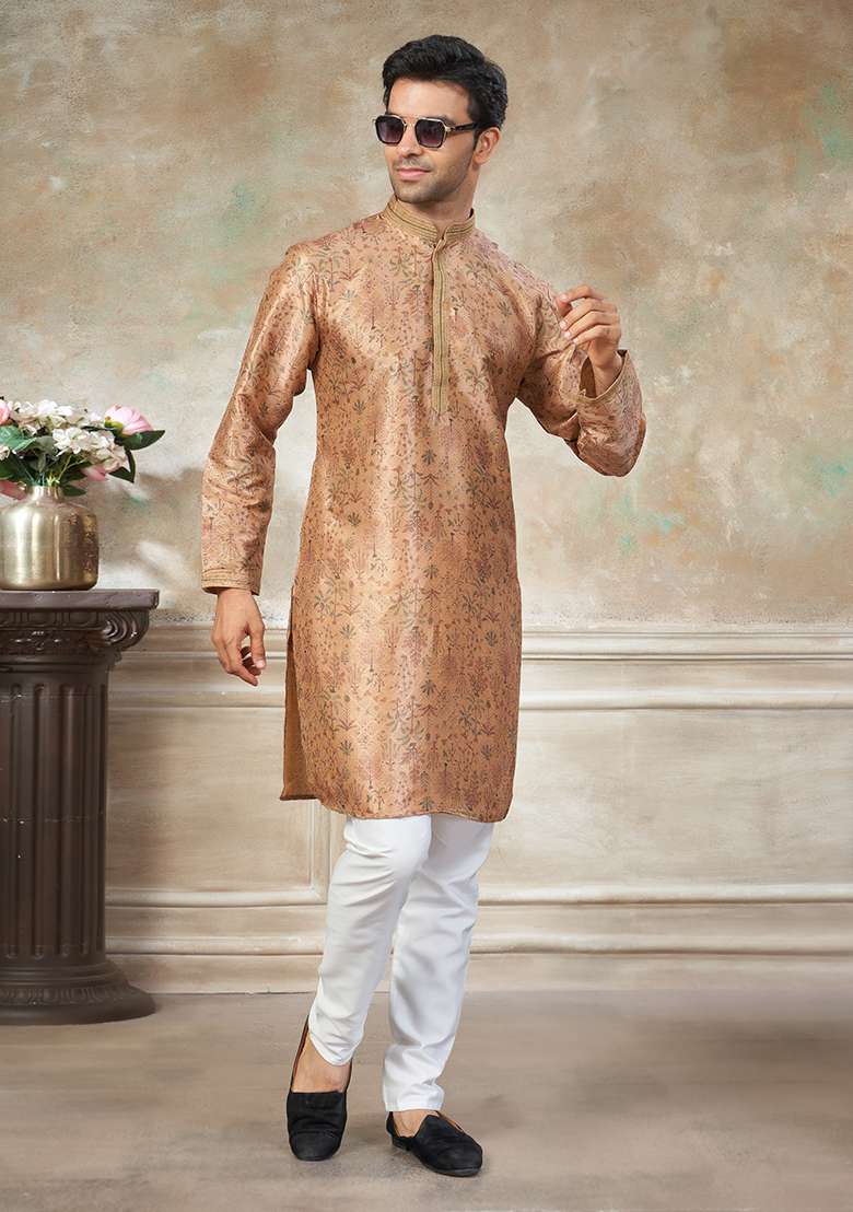 Peach Motif Silk Blend Kurta Pajama Set - Indya