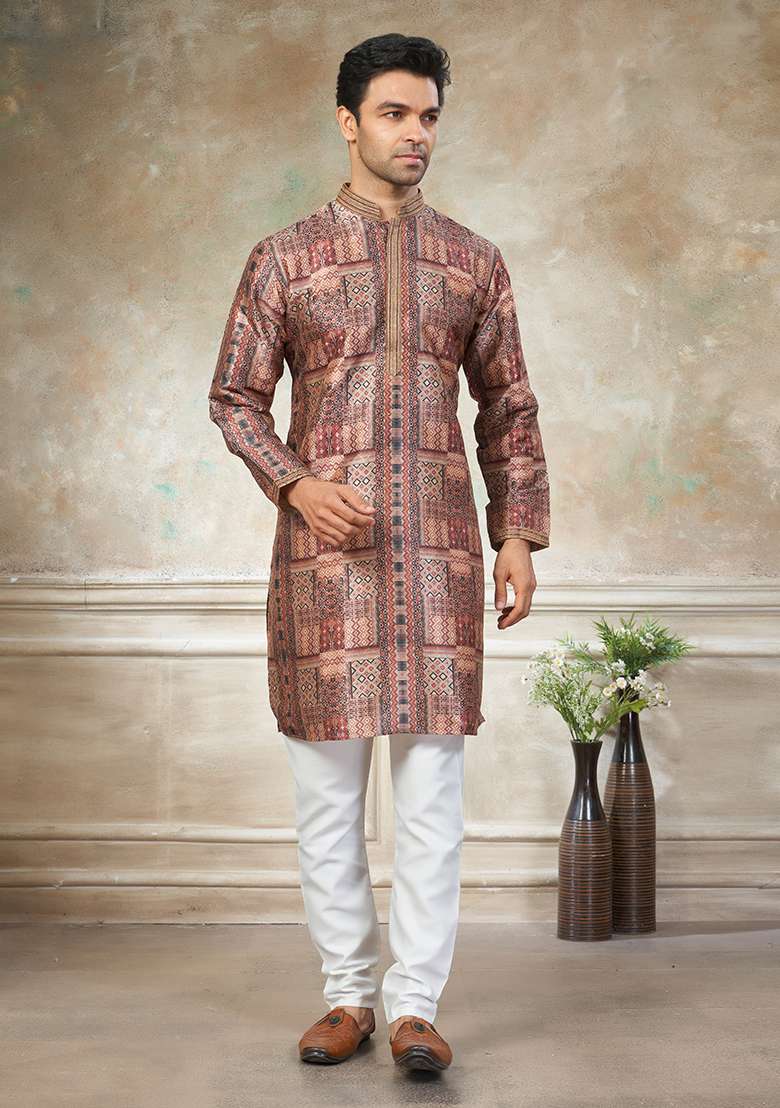 Peach Motif Silk Blend Kurta Pajama Set - Indya