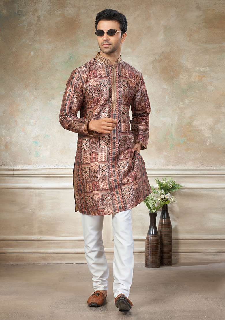 Peach Motif Silk Blend Kurta Pajama Set - Indya