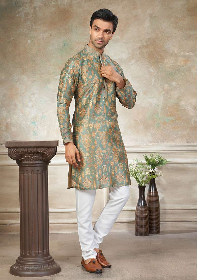 Blue Motif Silk Blend Kurta Pajama Set - Indya