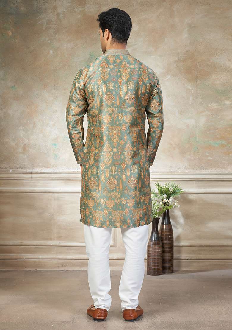Blue Motif Silk Blend Kurta Pajama Set - Indya