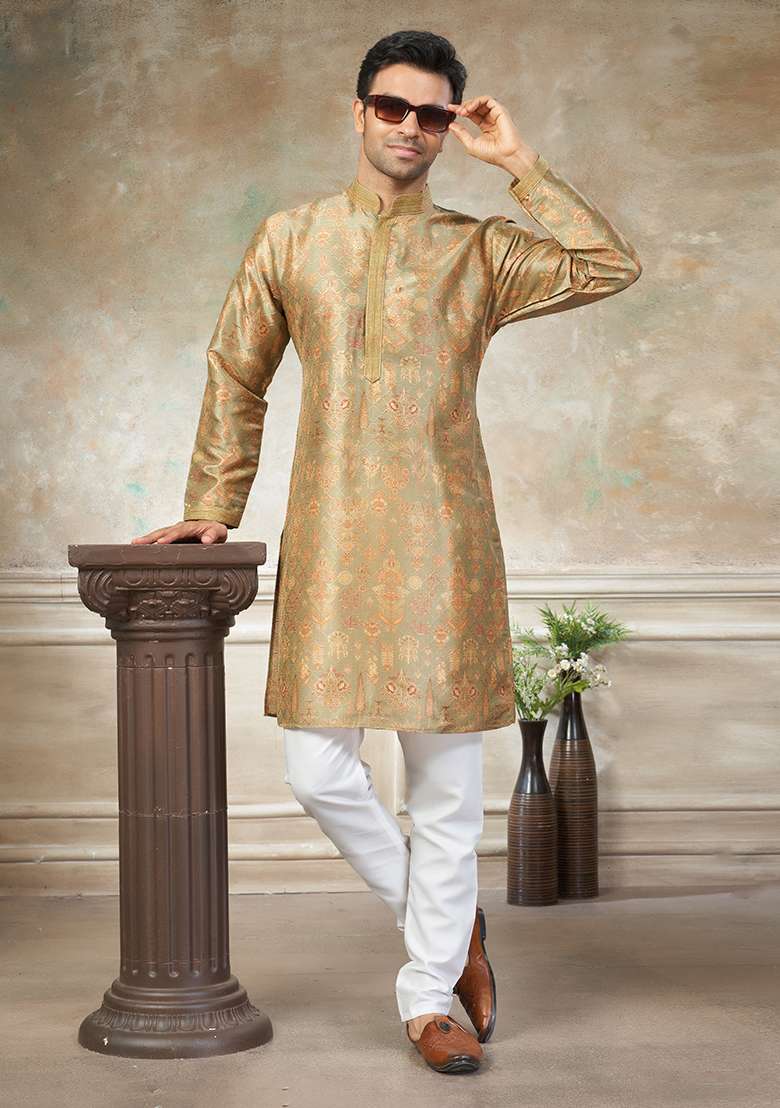 Yellow Motif Silk Blend Kurta Pajama Set - Indya