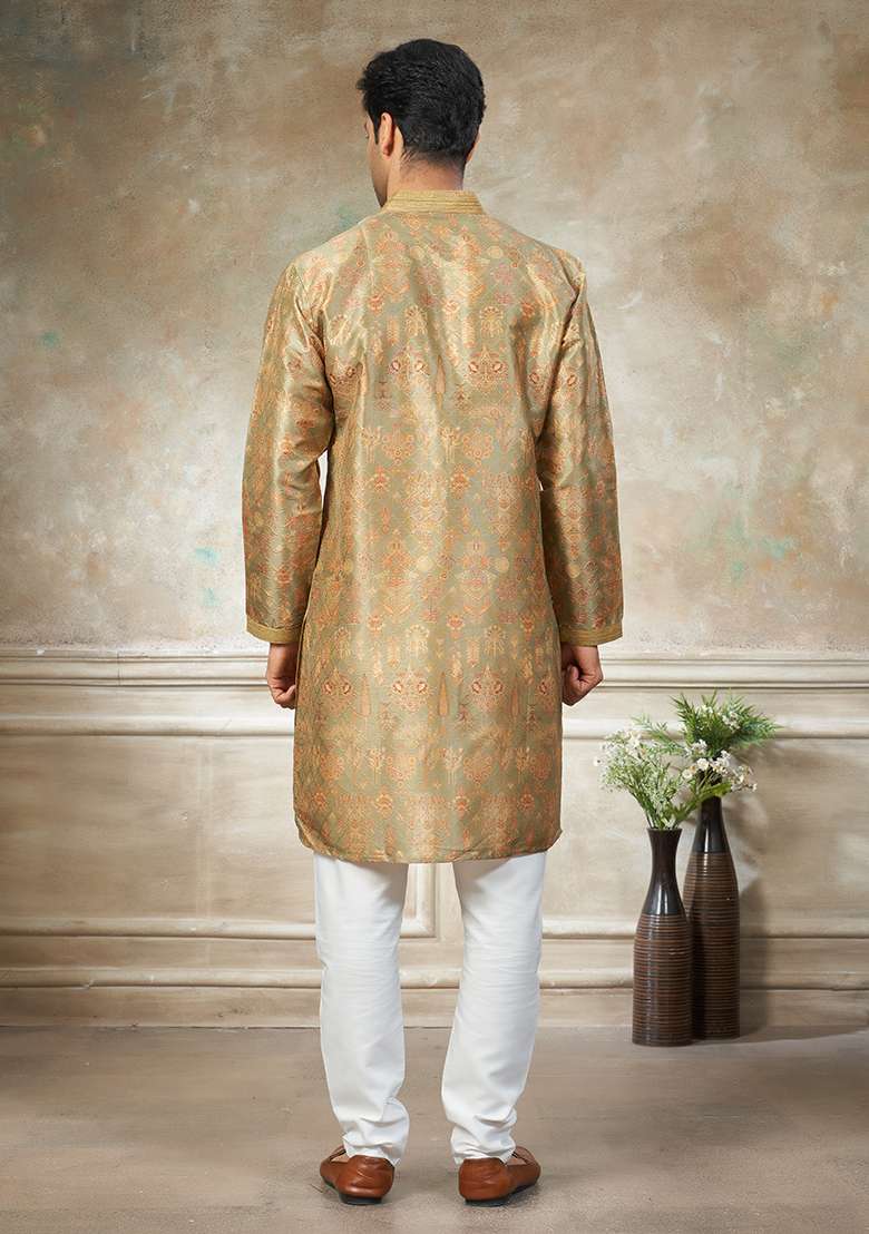 Yellow Motif Silk Blend Kurta Pajama Set - Indya
