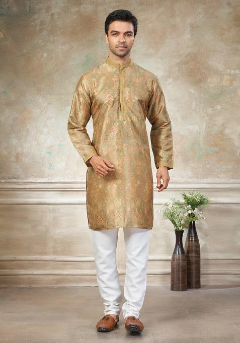 Yellow Motif Silk Kurta Pajama Set