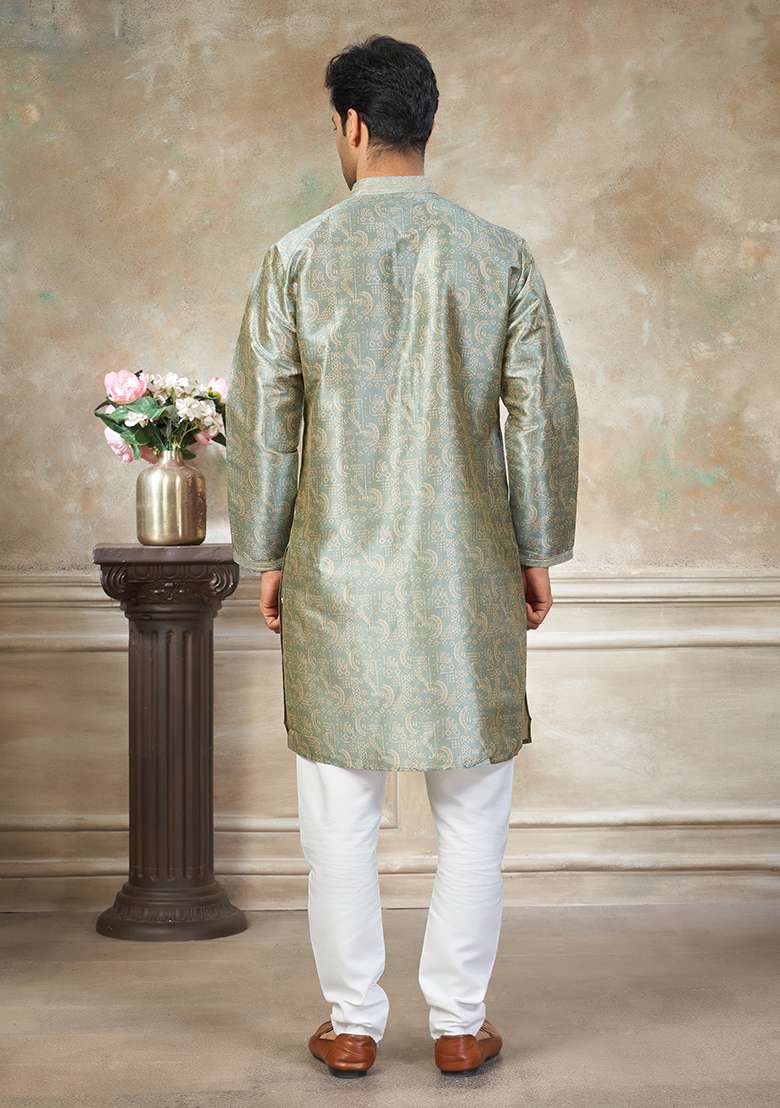 Green Motif Silk Blend Kurta Pajama Set - Indya