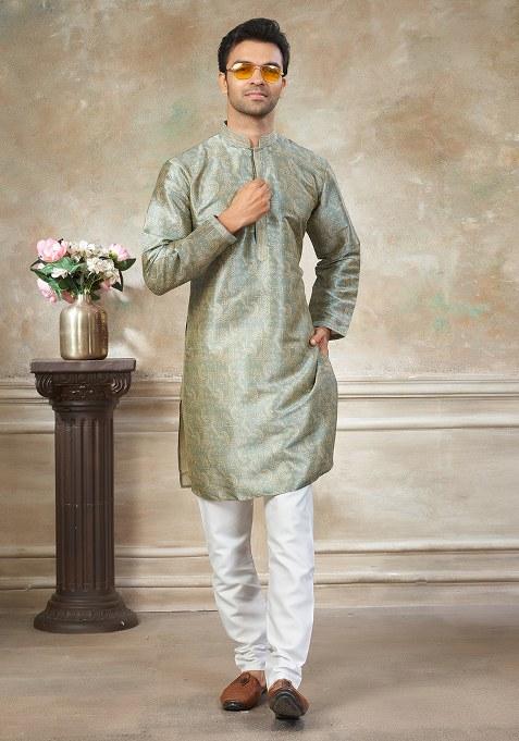 Green Motif Silk Kurta Pajama Set
