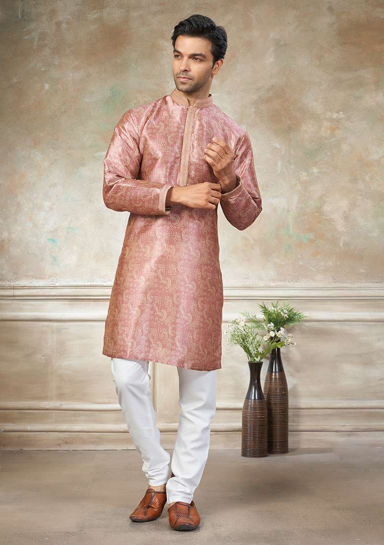 Pink Motif Silk Blend Kurta Pajama Set - Indya