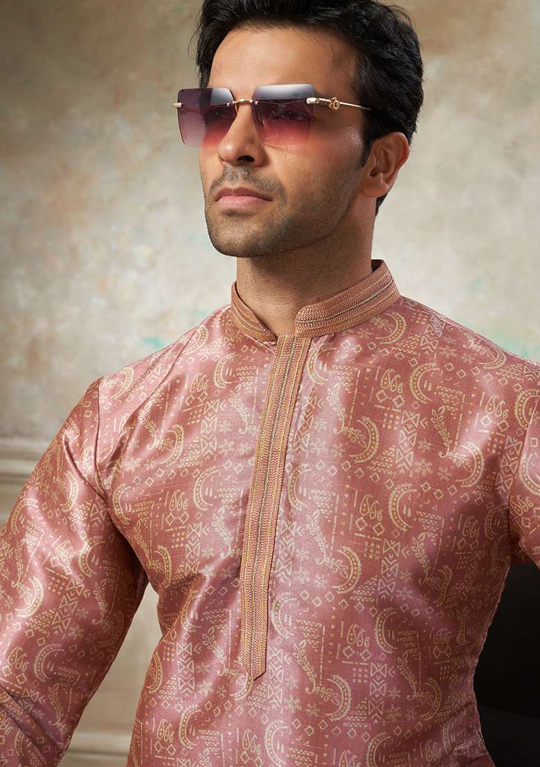 Pink Motif Silk Blend Kurta Pajama Set - Indya