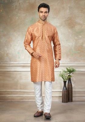 Orange Motif Silk Blend Kurta Pajama Set