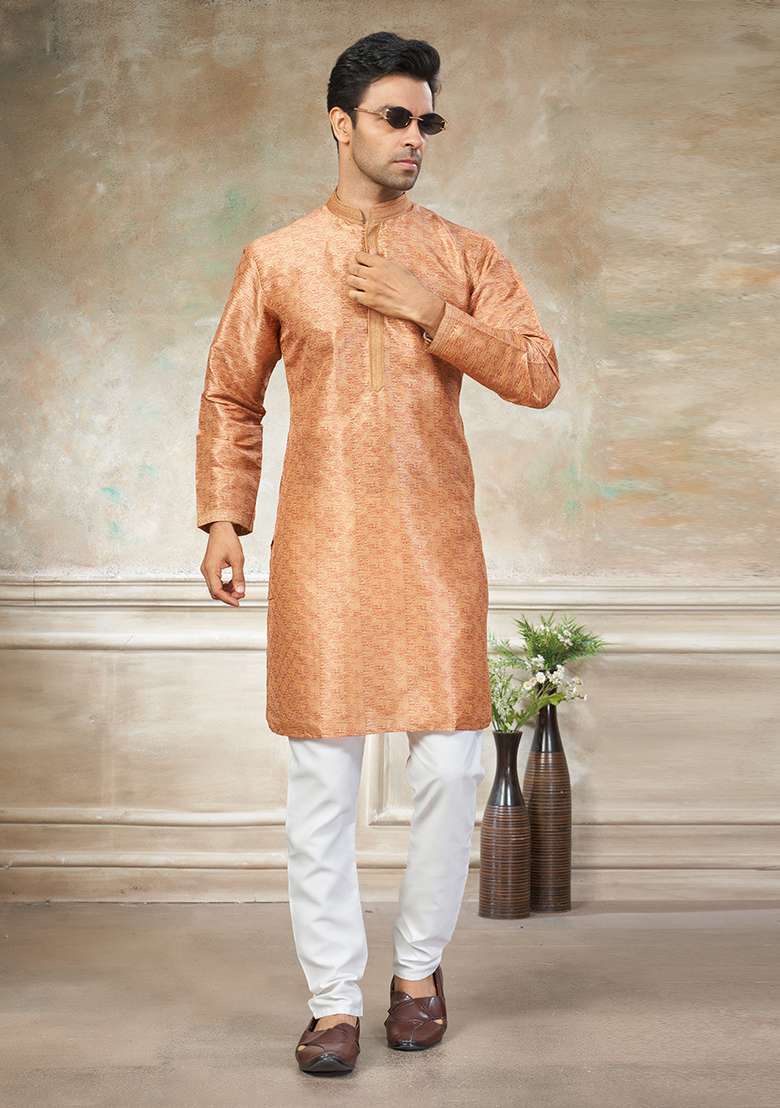 Orange Motif Silk Blend Kurta Pajama Set - Indya