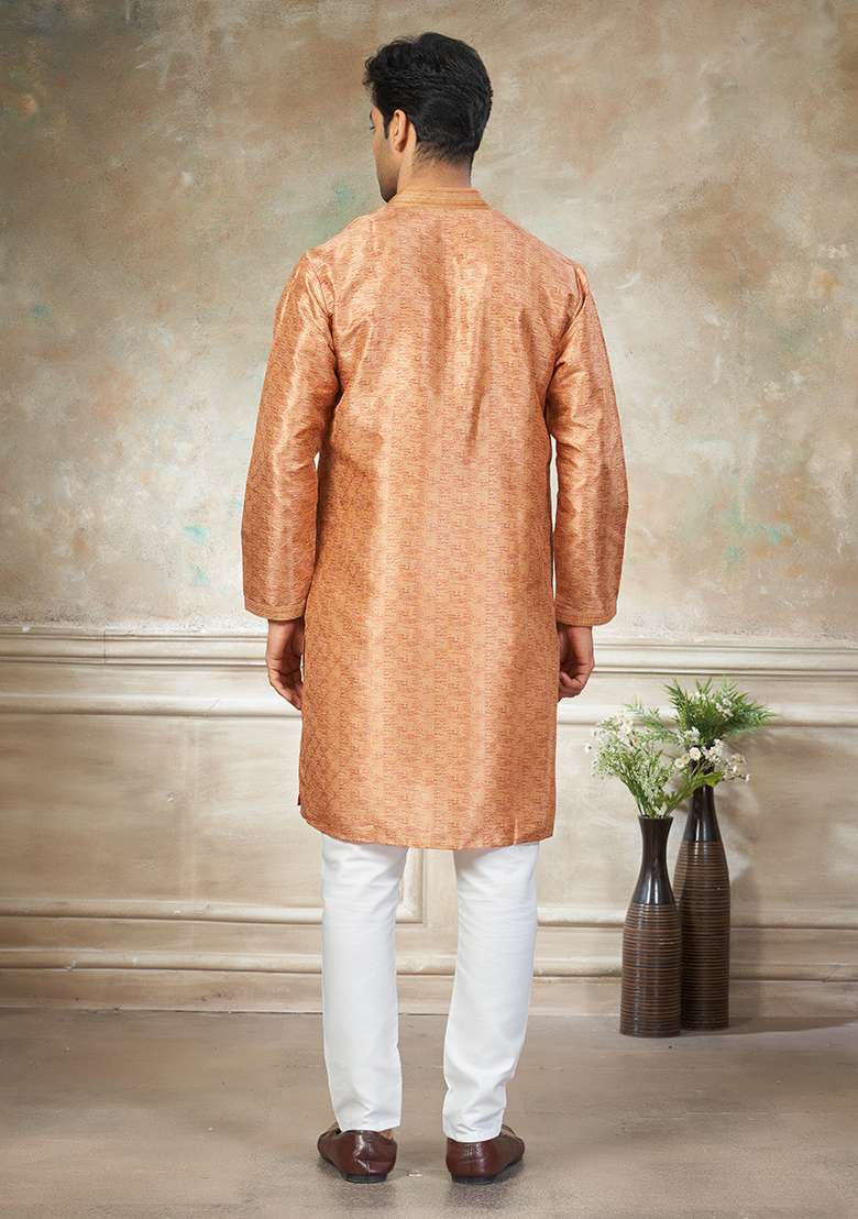 Orange Motif Silk Blend Kurta Pajama Set - Indya