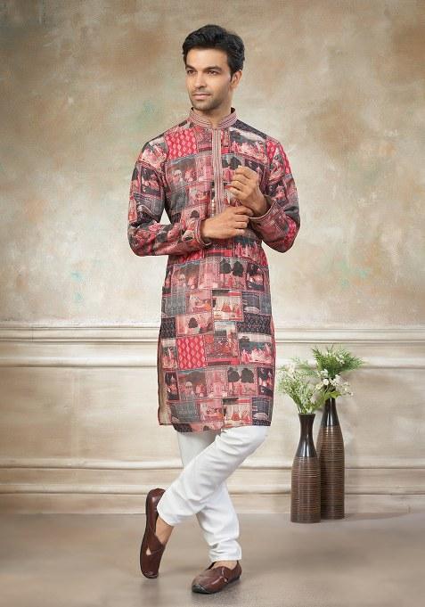 Multi Color Motif Cotton Kurta Pajama Set